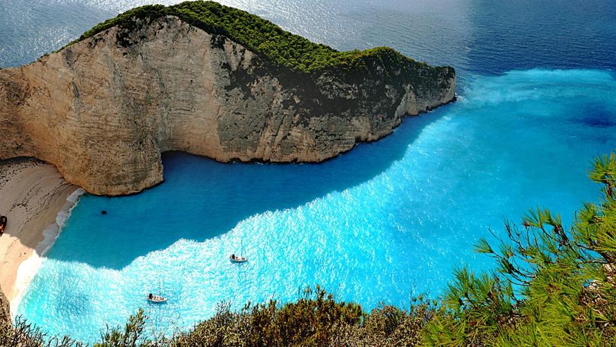 蓝色浅水滩-高清晰扎金索斯岛自然旅游风景壁纸